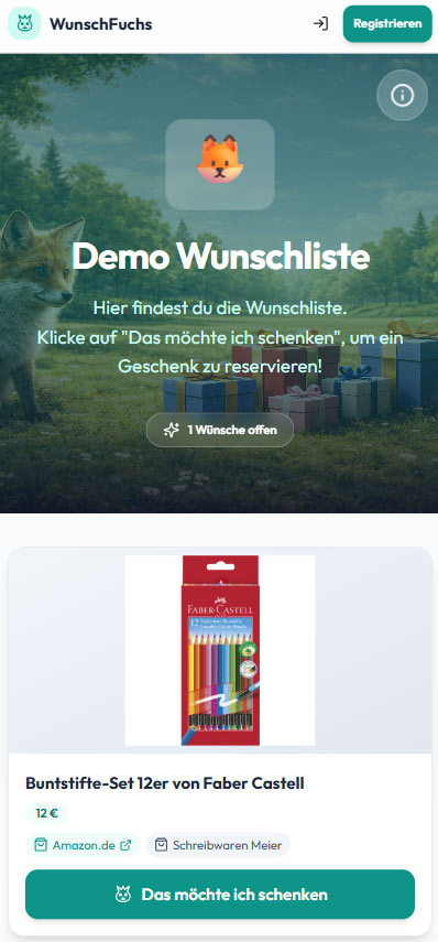 Screenshot eines digitalen Wunschzettels mit Wunschkarten und Reservierungsstatus auf WunschFuchs