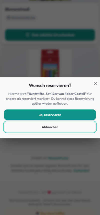 Screenshot der Online-Wunschliste auf WunschFuchs mit reservierbaren Geschenkideen